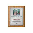 A photo of a Light Oak Laminate plaque with a full colour plate.
