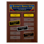 A photo of a multiplate Cherrywood Laminate plaque with 12 name plates, and a full-ccolour header plate.