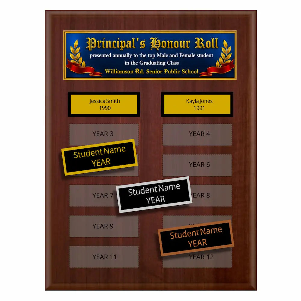 A photo of a multiplate Cherrywood Laminate plaque with 12 name plates, and a full-ccolour header plate.
