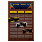 A photo of a multiplate Cherrywood Laminate plaque with 24 name plates, and a full-ccolour header plate.