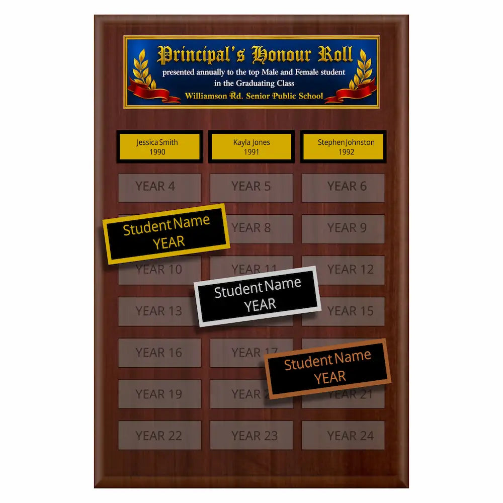 A photo of a multiplate Cherrywood Laminate plaque with 24 name plates, and a full-ccolour header plate.