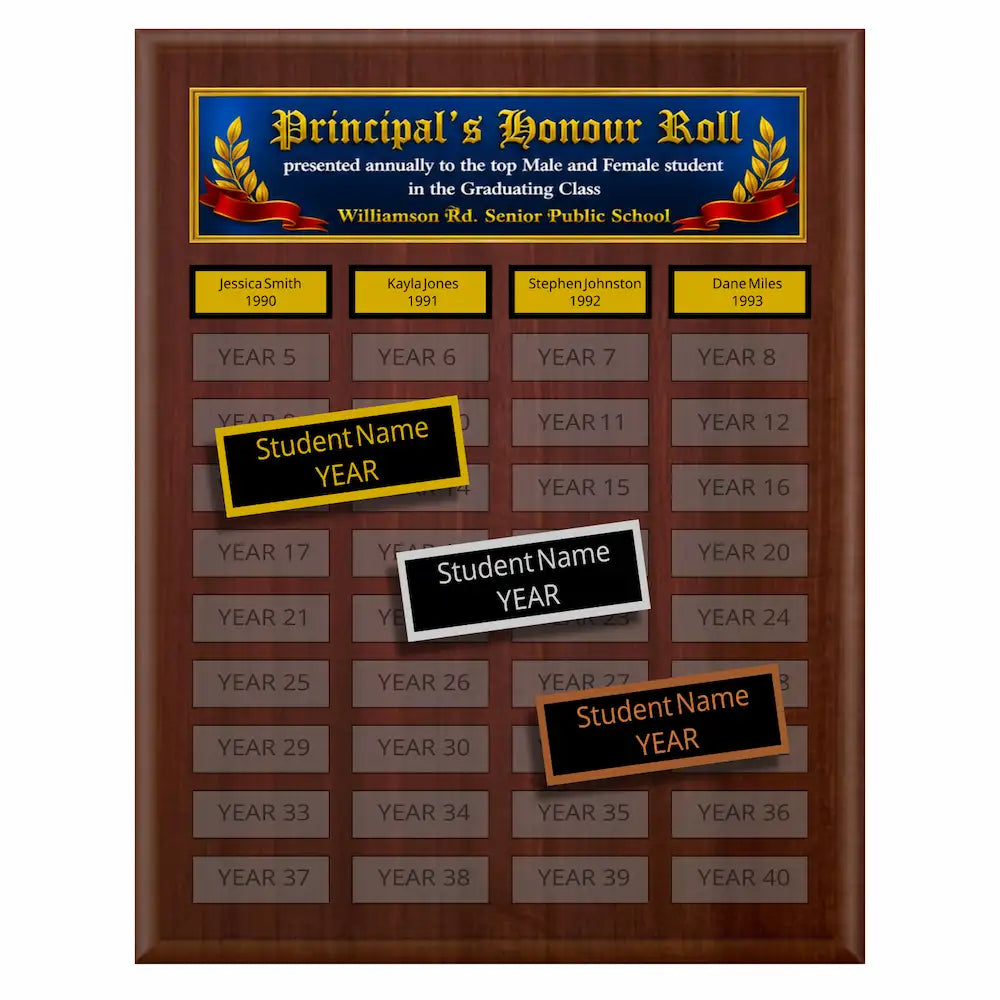 A photo of a multiplate Cherrywood Laminate plaque with 40 name plates, and a full-ccolour header plate.