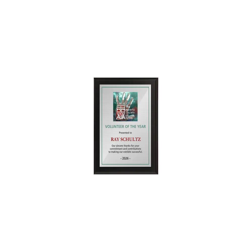 A photo of a Matte Black Laminate plaque with a full colour plate.