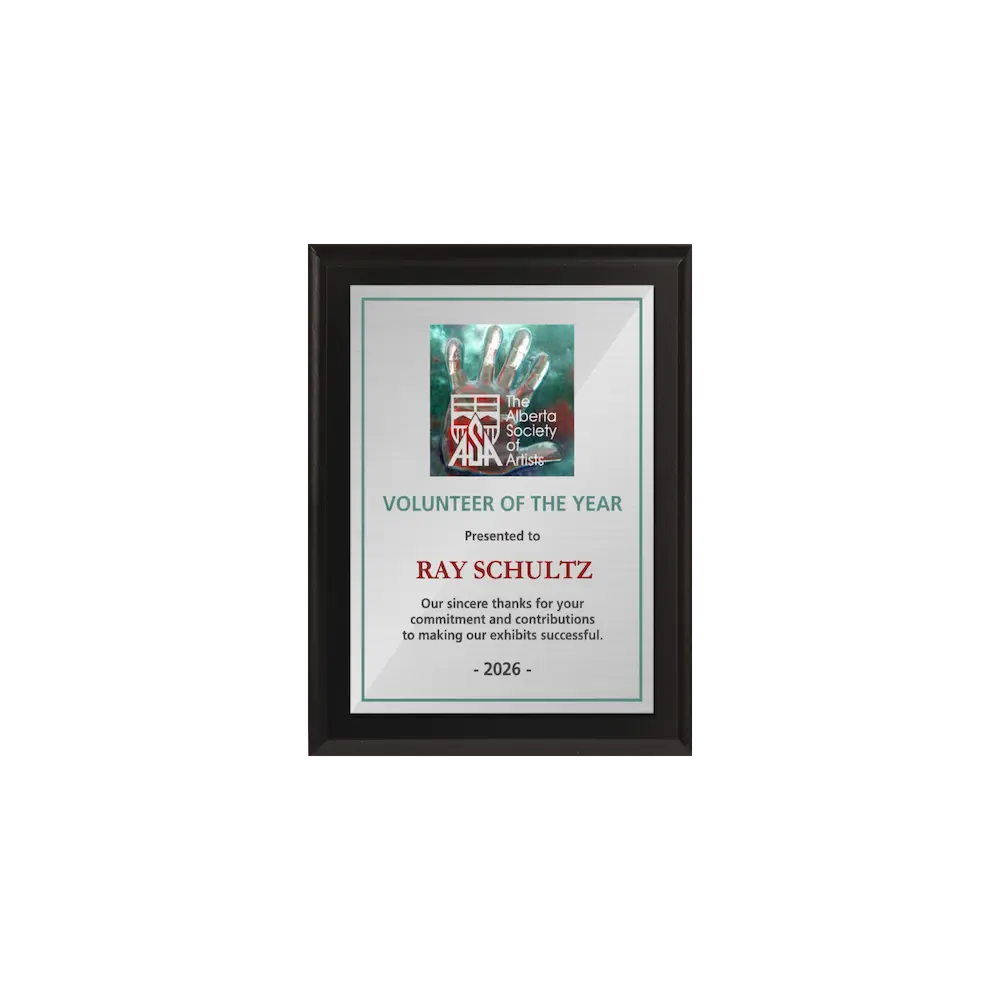 A photo of a Matte Black Laminate plaque with a full colour plate.