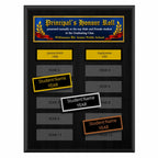 A photo of a multiplate Black Matte Laminate plaque with 12 name plates, and a full-ccolour header plate.