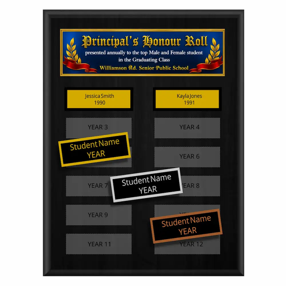 A photo of a multiplate Black Matte Laminate plaque with 12 name plates, and a full-ccolour header plate.