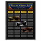 A photo of a multiplate Black Matte Laminate plaque with 40 name plates, and a full-ccolour header plate.