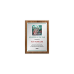 A photo of a solid wood traditional Walnut plaque with a full-coloured plate covering the plaque.