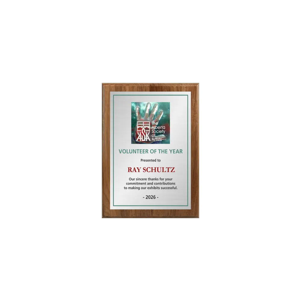 A photo of a solid wood traditional Walnut plaque with a full-coloured plate covering the plaque.