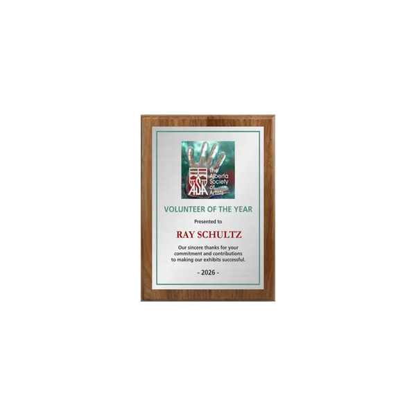 A photo of a solid wood traditional Walnut plaque with a full-coloured plate covering the plaque.