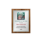 A photo of a solid wood traditional Walnut plaque with a full-coloured plate covering the plaque.