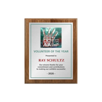 A photo of a solid wood traditional Walnut plaque with a full-coloured plate covering the plaque.