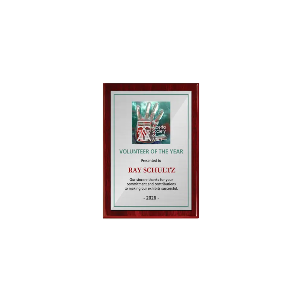 A photo of a Rosewood Piano Finish plaque with a full colour plate.