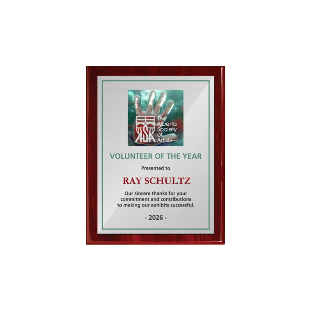 A photo of a Rosewood Piano Finish plaque with a full colour plate.