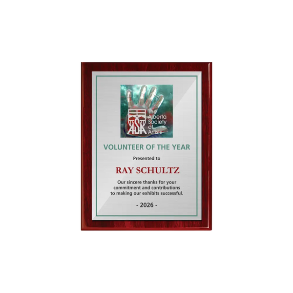 A photo of a Rosewood Piano Finish plaque with a full colour plate.