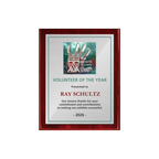 A photo of a Rosewood Piano Finish plaque with a full colour plate.