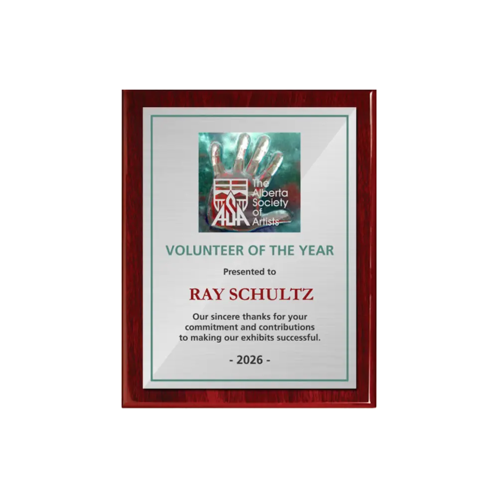 A photo of a Rosewood Piano Finish plaque with a full colour plate.