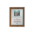 A photo of a Walnut Piano Finish plaque with a full colour plate.