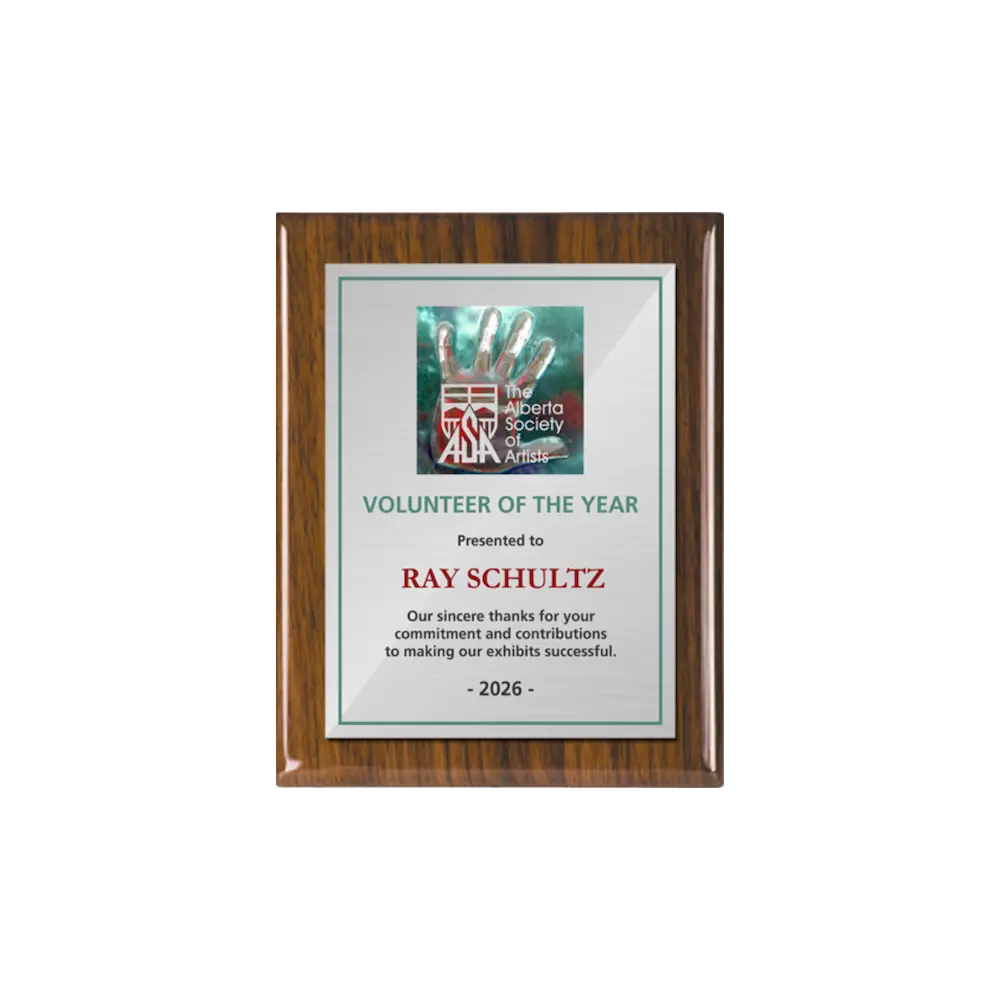 A photo of a Walnut Piano Finish plaque with a full colour plate.