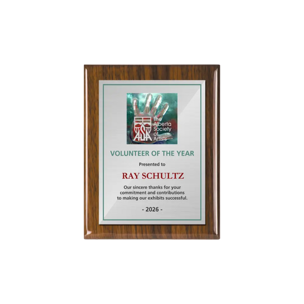 A photo of a Walnut Piano Finish plaque with a full colour plate.