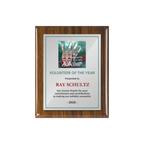 A photo of a Walnut Piano Finish plaque with a full colour plate.