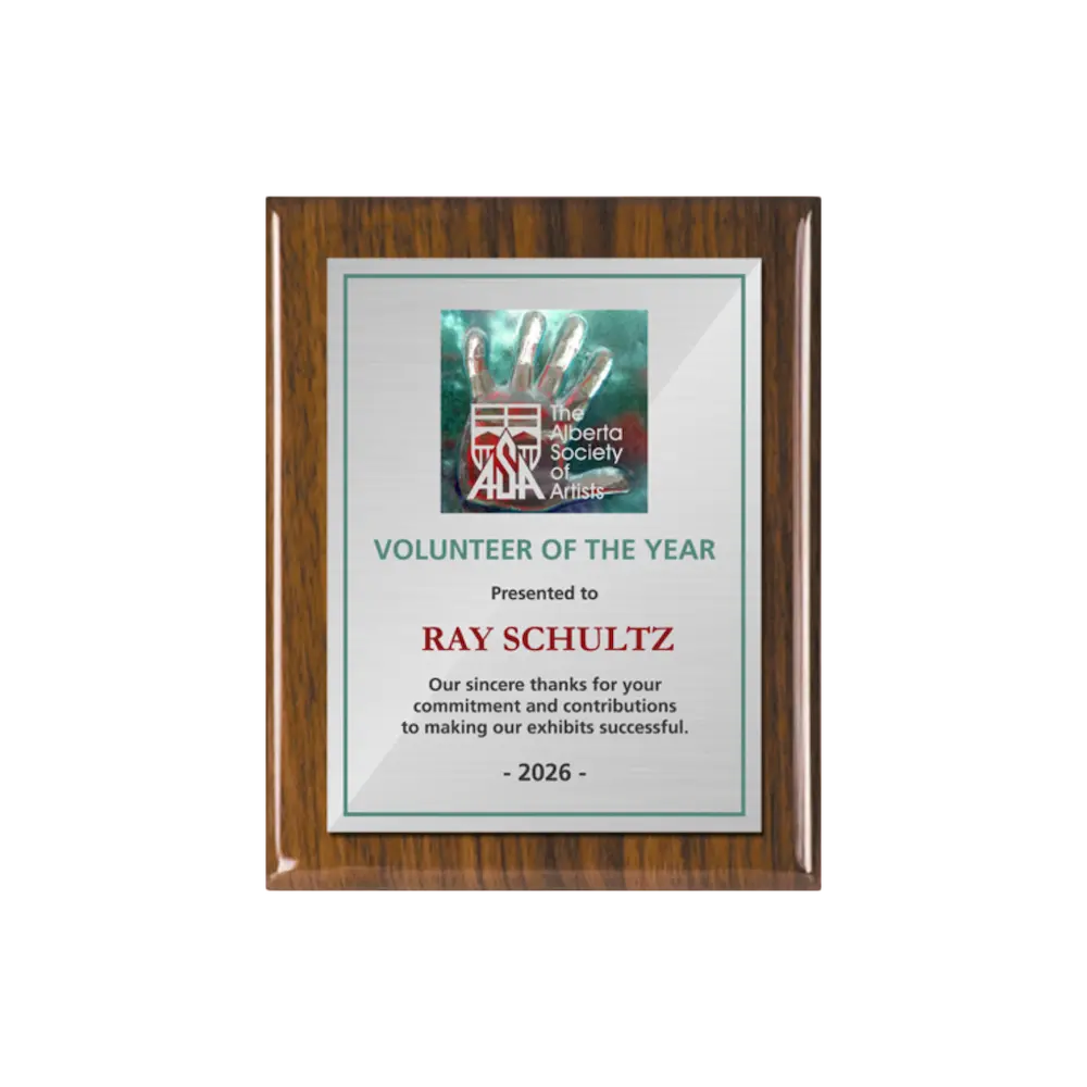 A photo of a Walnut Piano Finish plaque with a full colour plate.