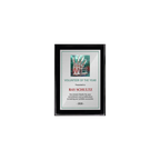 A photo of a Black Piano Finish plaque with a full colour plate.