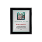 A photo of a Black Piano Finish plaque with a full colour plate.