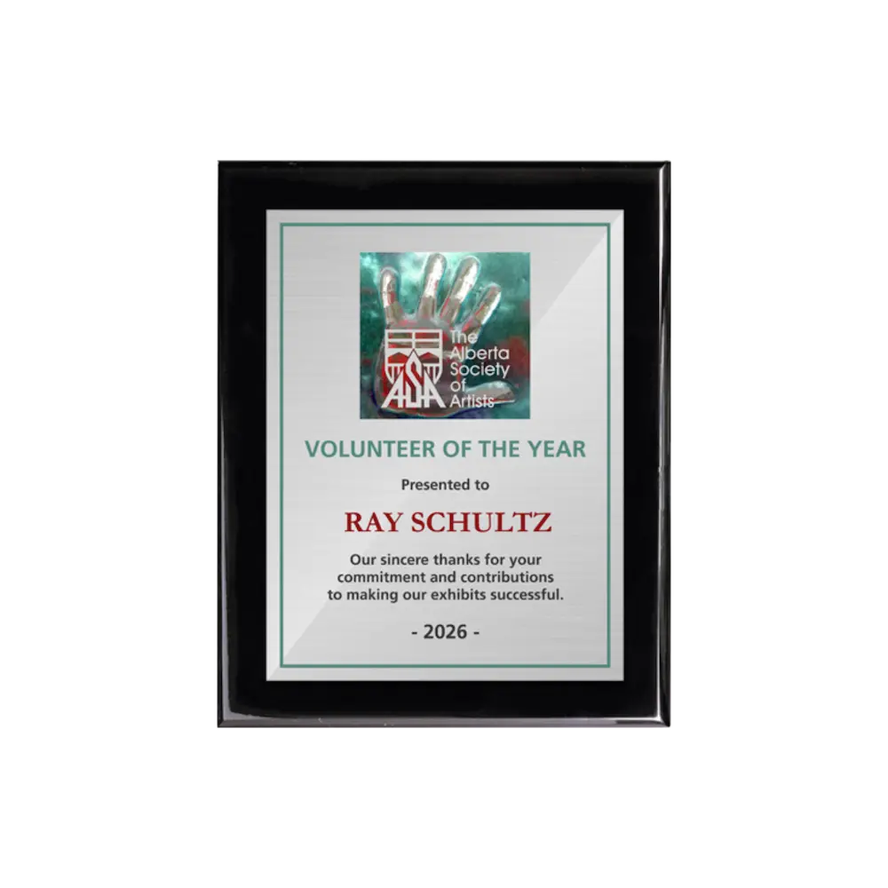 A photo of a Black Piano Finish plaque with a full colour plate.