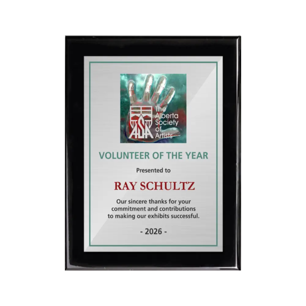 A photo of a Black Piano Finish plaque with a full colour plate.