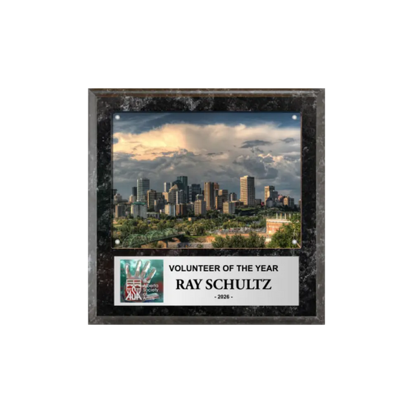 An image of a Black Marble finish square photo plaque with a full-colour plate on the bottom-half and a photo holder on the top-half.