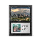 An image of a Black Marble finish rectangular photo plaque with a full-colour plate on the bottom-half and a photo holder on the top-half.