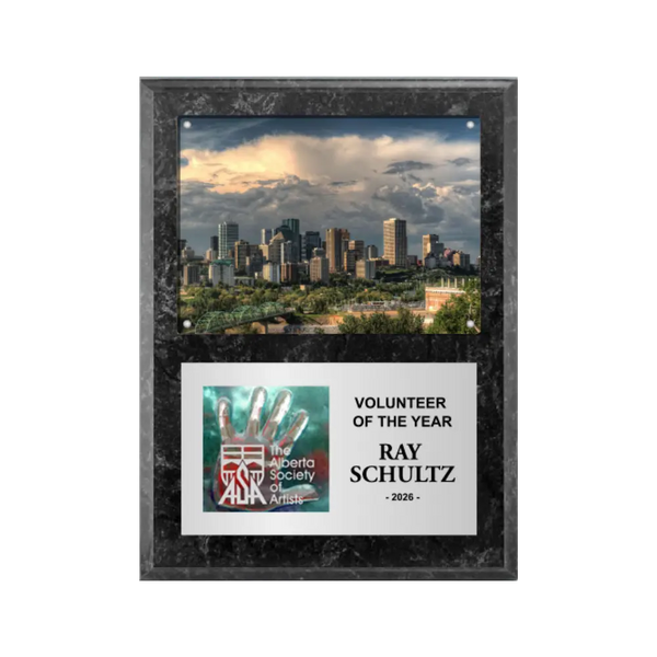 An image of a Black Marble finish rectangular photo plaque with a full-colour plate on the bottom-half and a photo holder on the top-half.