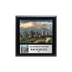An image of a Plain Black finish square photo plaque with a full-colour plate on the bottom-half and a photo holder on the top-half.