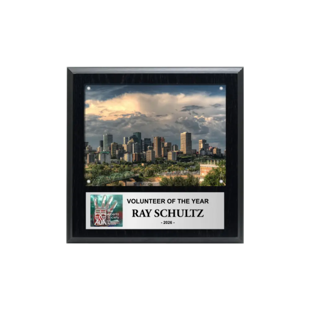 An image of a Plain Black finish square photo plaque with a full-colour plate on the bottom-half and a photo holder on the top-half.
