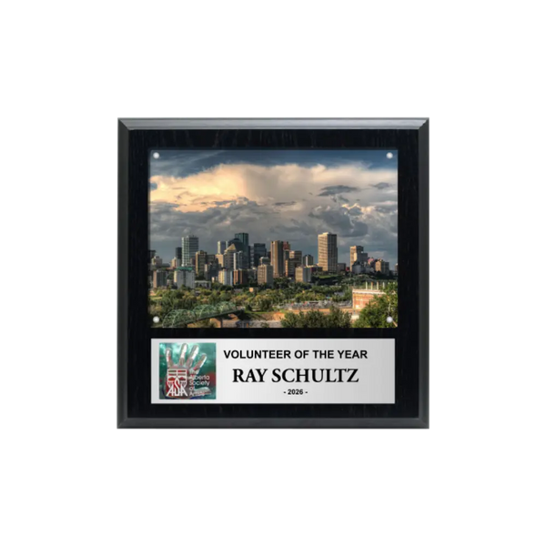 An image of a Plain Black finish square photo plaque with a full-colour plate on the bottom-half and a photo holder on the top-half.