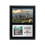 An image of a Plain Black finish rectangular photo plaque with a full-colour plate on the bottom-half and a photo holder on the top-half.