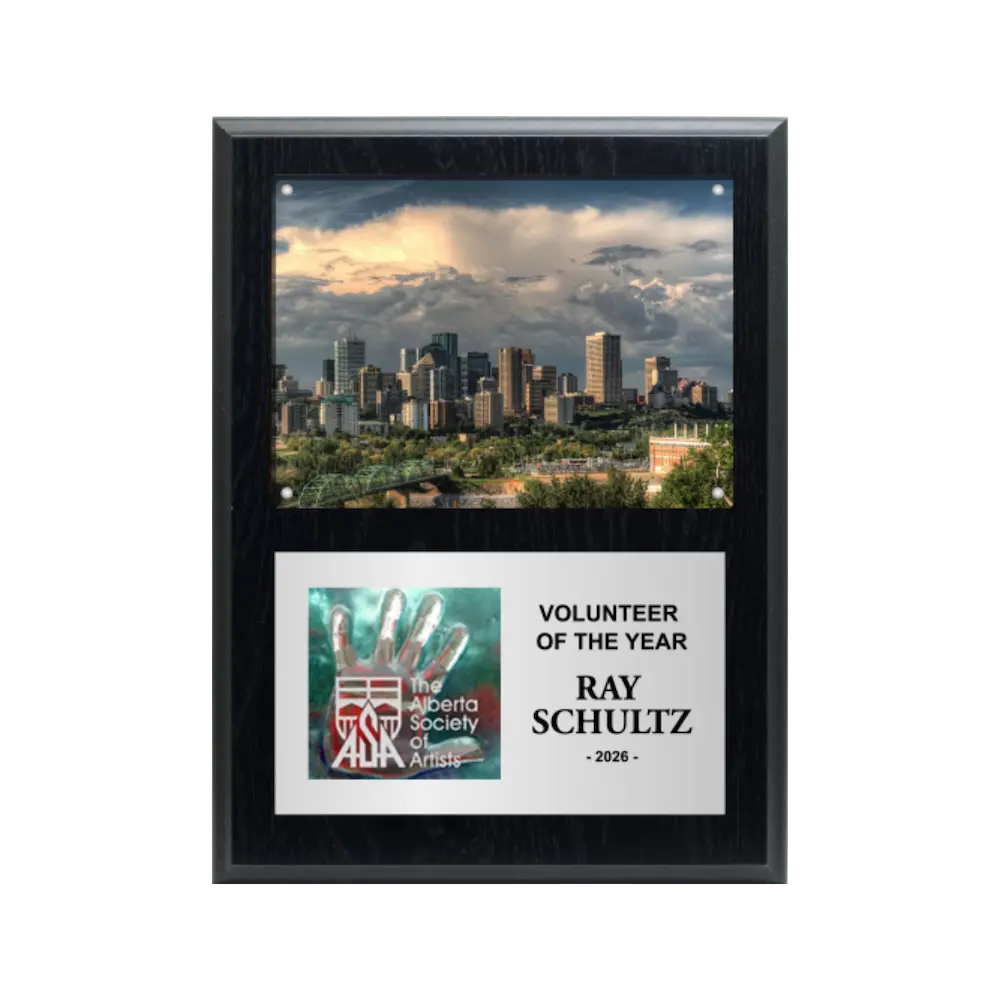 An image of a Plain Black finish rectangular photo plaque with a full-colour plate on the bottom-half and a photo holder on the top-half.