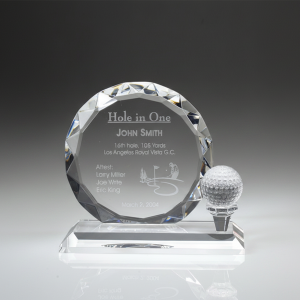 Optic Crystal - Round, Faceted Crystal with Golf Ball on Clear Base