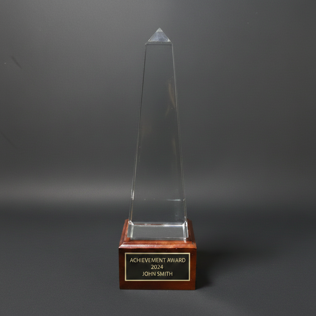 Optic Crystal - Obelisk on Walnut Base