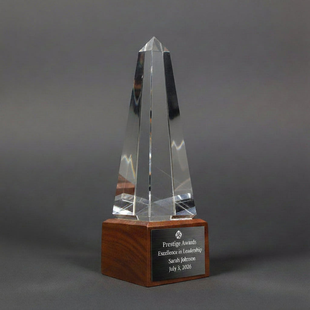 Optic Crystal - Obelisk on Walnut Base