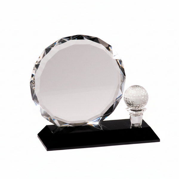 Optic Crystal - Round, Faceted Crystal with Golf Ball on Black Base