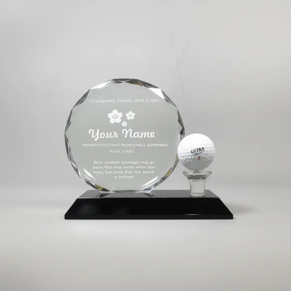 Optic Crystal - Round, Faceted Crystal with Golf Ball on Black Base