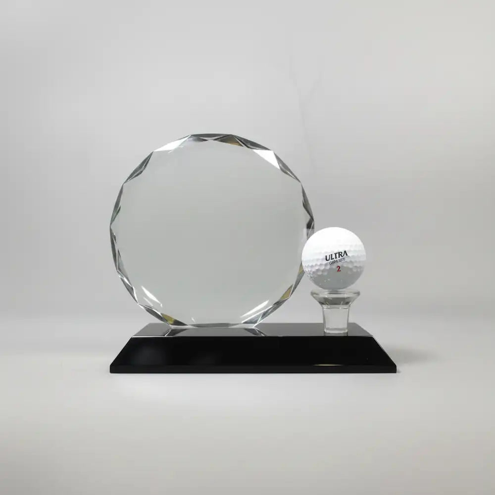 Optic Crystal - Round, Faceted Crystal with Golf Ball on Black Base