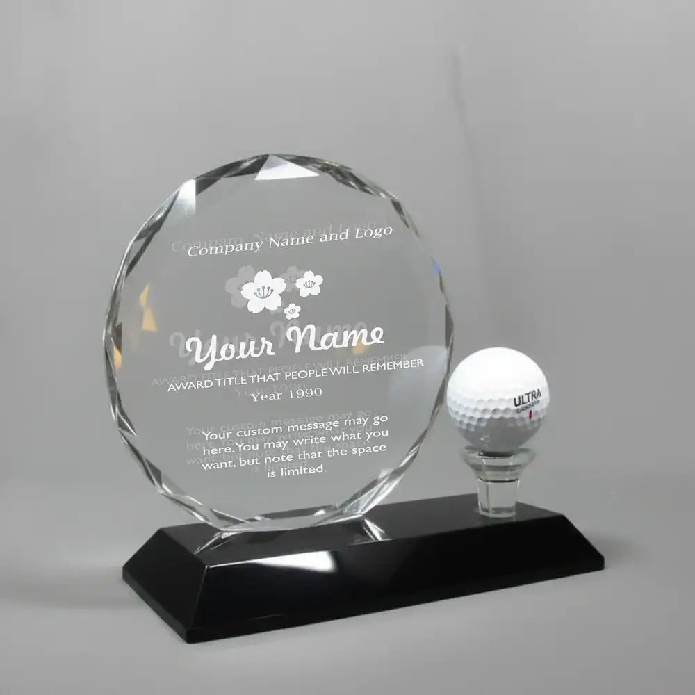 Optic Crystal - Round, Faceted Crystal with Golf Ball on Black Base Main image