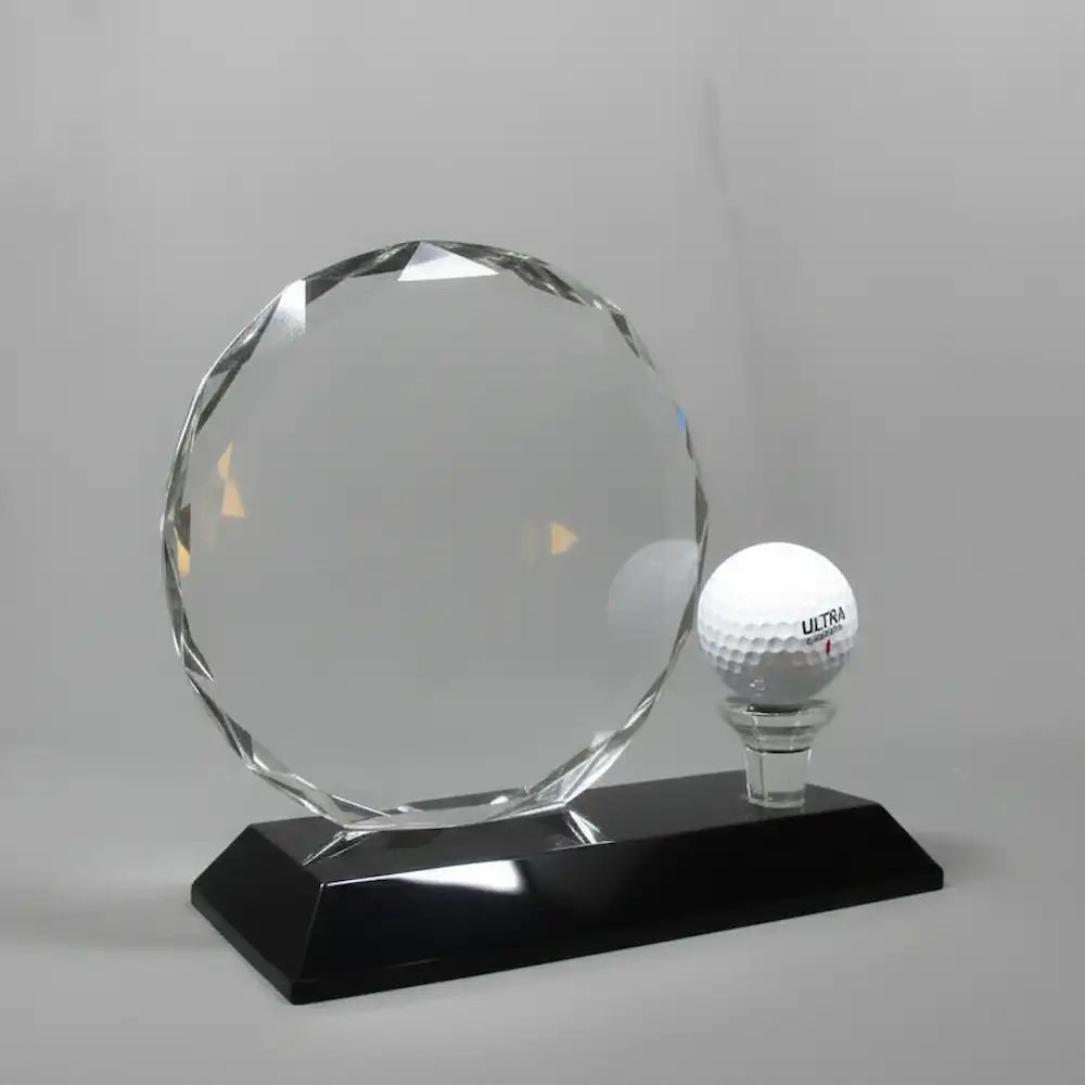 Optic Crystal - Round, Faceted Crystal with Golf Ball on Black Base