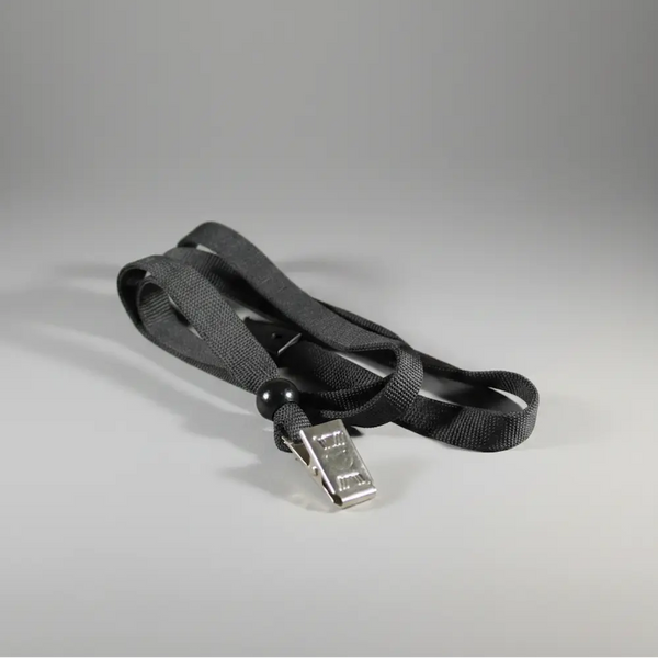 An image of a black lanyard with a silver metal bulldog clip.