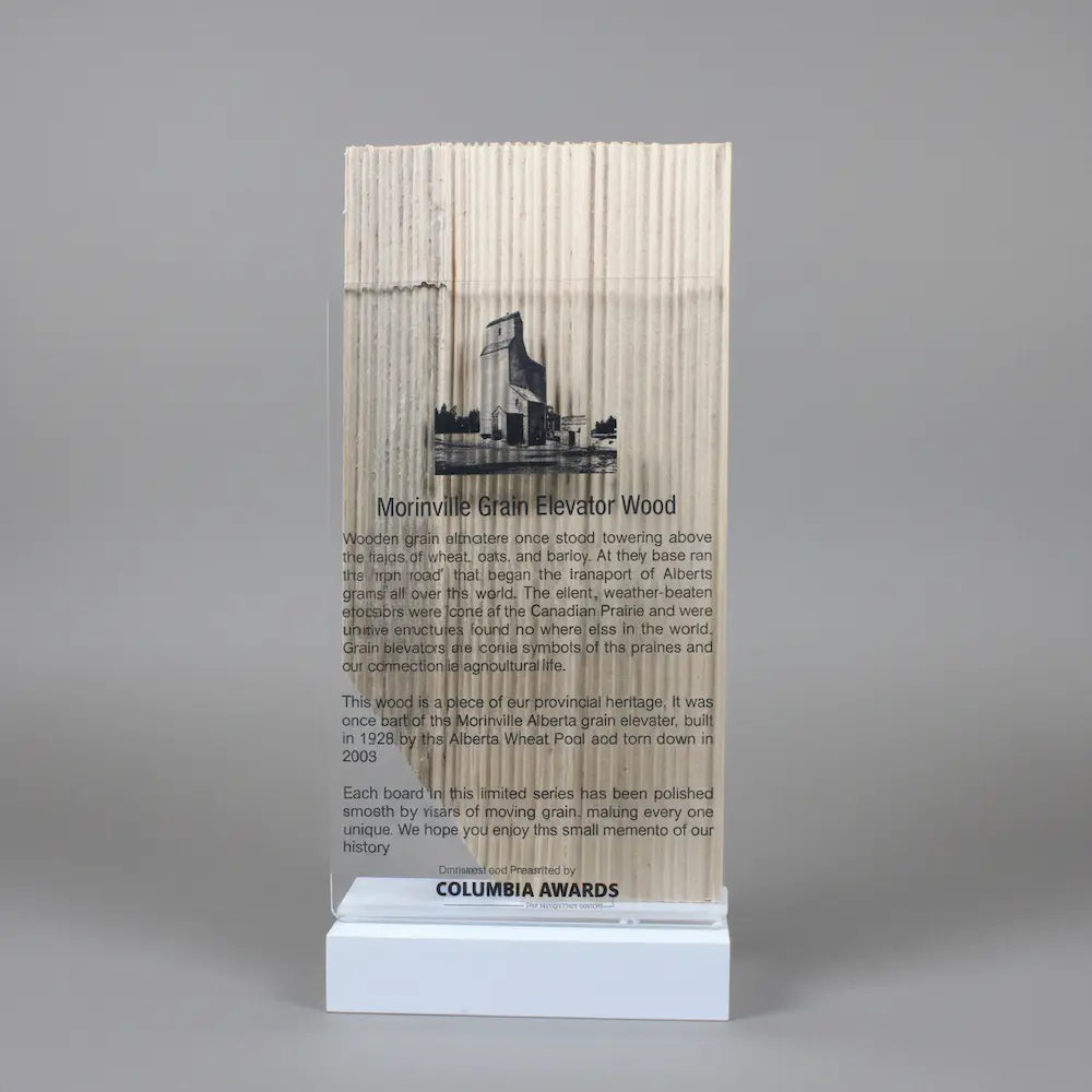 Morinville Grain Elevator wood cut into Alberta shaped placed on a metal base with clear acrylic front. Main image