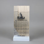 Morinville Grain Elevator wood cut into Alberta shaped placed on a metal base with clear acrylic front.